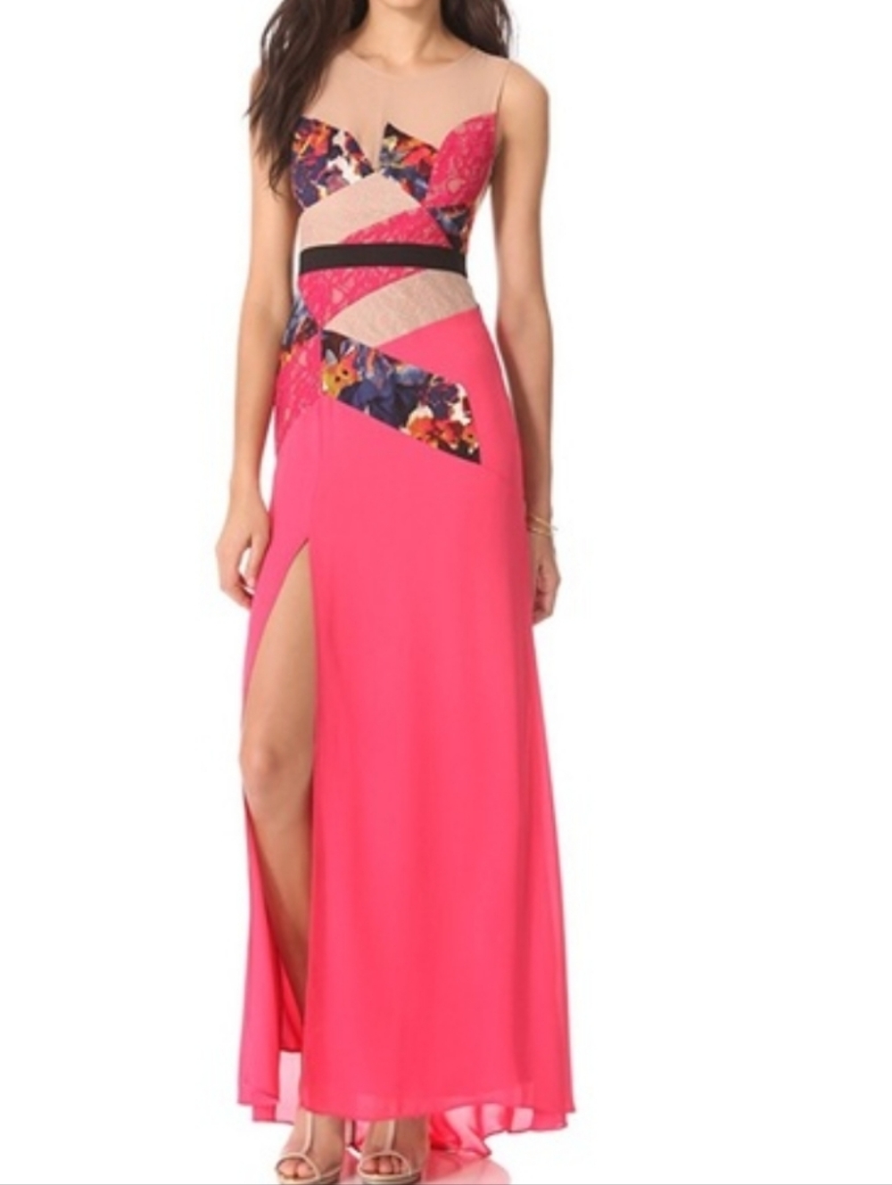 BCBG MAX AZRIA Lonnie Hot Pink Maxi Dress Lace Cutout Panel Open Back Evening - Picture 4 of 10